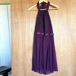 David's Bridal Short Lace Halter Plum Bridesmaid Summer Party Prom Dress Sz 0